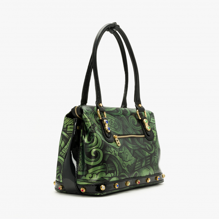 Geantă Damă Elegantă din Piele Lăcuită Verde cu Cristale Swarovski și Breloc Auriu, Marino Orlandi 4926 [2]