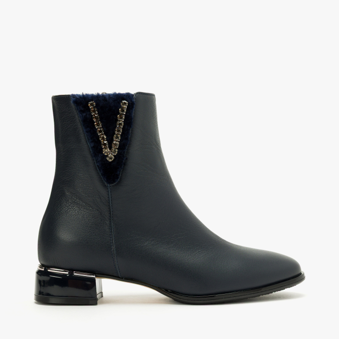 Ghete Damă Elegante din Piele Bleumarin, Insertie de Blană și Cristale, Toc Comod, Renzoni 4353 [2]