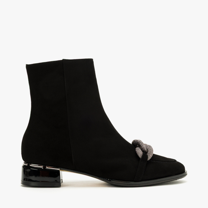 Ghete Damă Elegante Negre din Piele Întoarsă, Accesoriu Tip Lanț Argintiu și Fermoar Lateral, Renzoni 4351 [2]