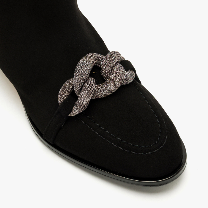 Ghete Damă Elegante Negre din Piele Întoarsă, Accesoriu Tip Lanț Argintiu și Fermoar Lateral, Renzoni 4351 [3]