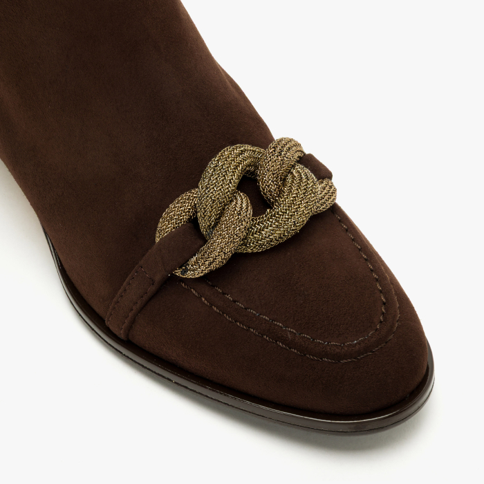 Ghete Damă Elegante din Piele Întoarsă, Maro, Accesoriu Tip Lanț Auriu și Toc Lucios Metalizat, Renzoni 4351 [3]