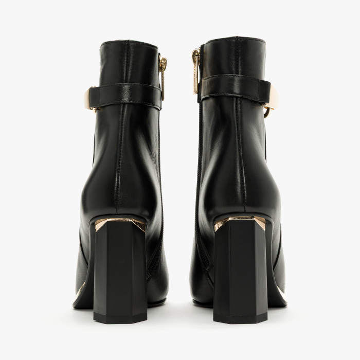 Ghete Damă Elegante, Piele Naturală, Negru, Cataramă Aurie, Toc Gros 8 cm, Fermoar, Renzoni 7751 [4]