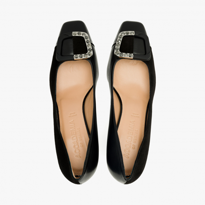 Pantofi Dama Eleganti, Negru, Finisaj Piele Intoarsă și Lac, Toc Gros 5 cm, Accesoriu cu Cristale, Accademia 3672 [3]