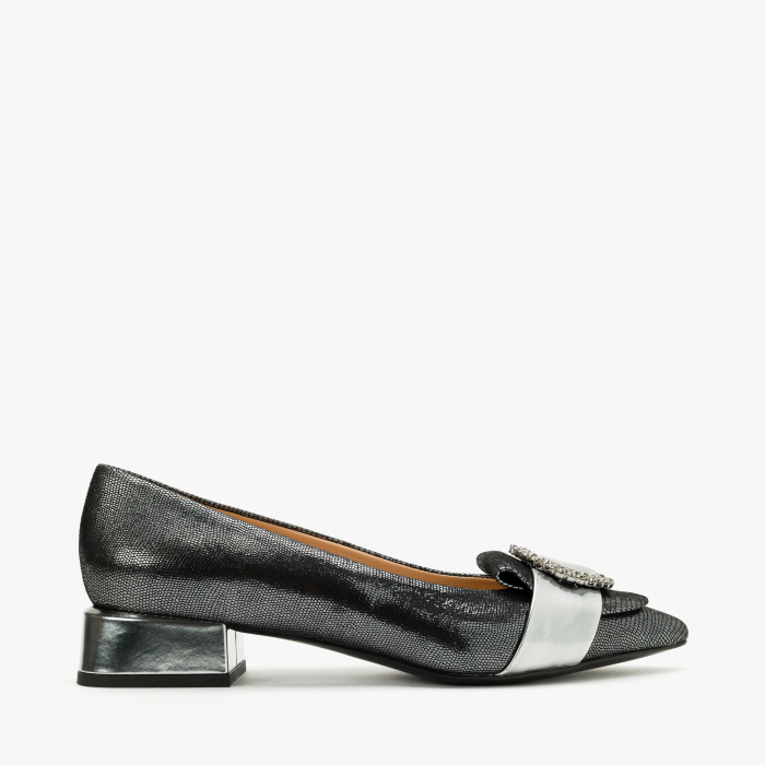 Pantofi Dama Eleganti, Negru-Argintiu, Nabuc Sidefat, Cristale Swarovski, Toc Gros 3 cm, Accademia 3675 [2]