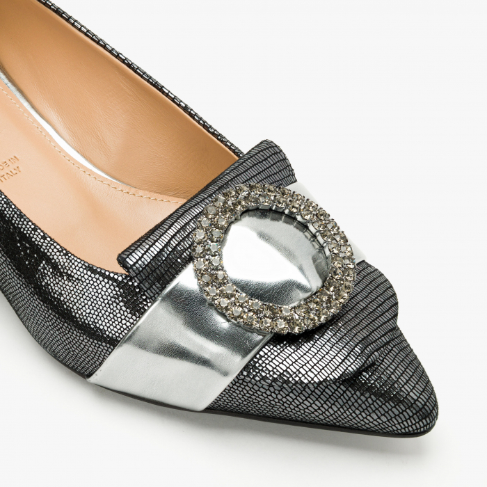 Pantofi Dama Eleganti, Negru-Argintiu, Nabuc Sidefat, Cristale Swarovski, Toc Gros 3 cm, Accademia 3675 [4]