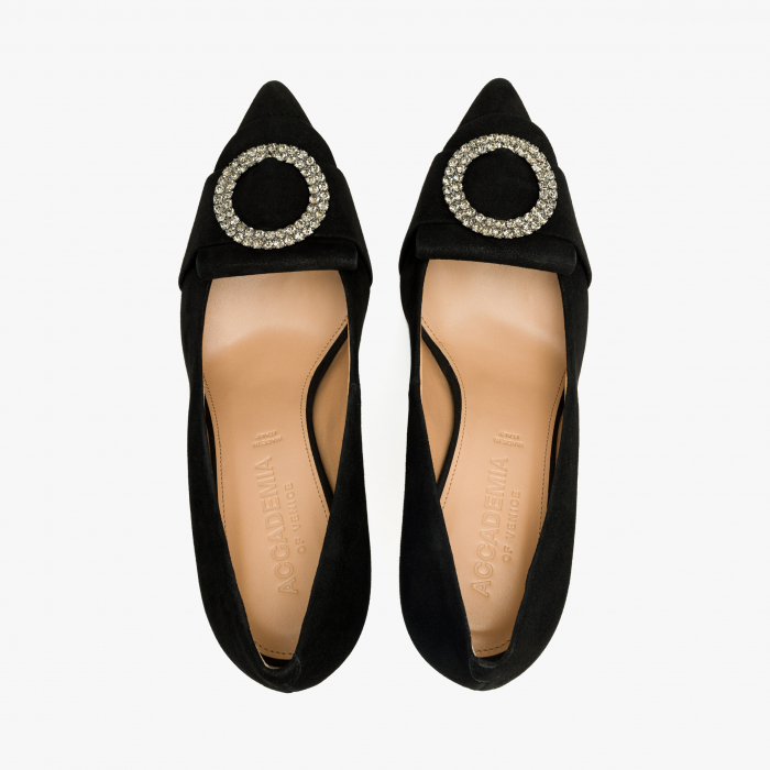 Pantofi Dama Eleganti, Negru, Nabuc, Toc Subțire 8 cm, Accesoriu Cristale Swarovski, Accademia 3677 [3]