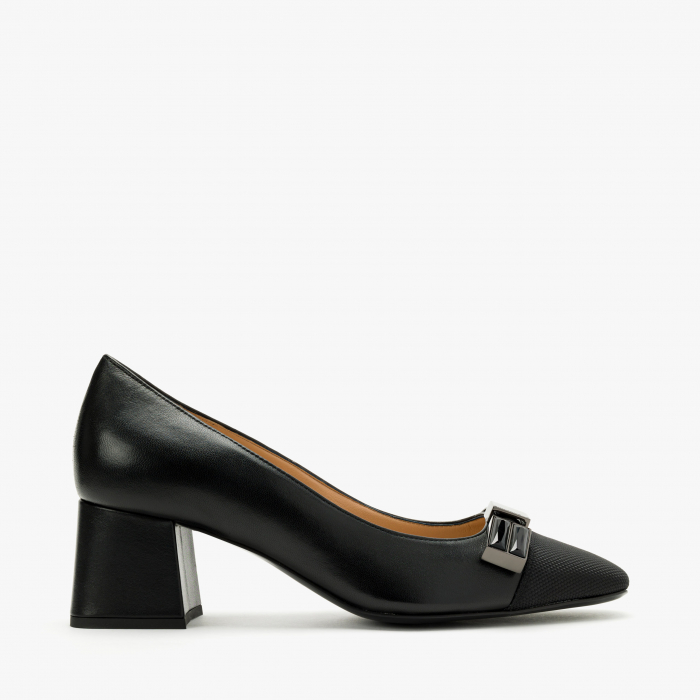 Pantofi Dama Eleganți, Negru, Piele Naturală + Rips, Toc Gros 5 cm, Varf Pătrat, Accademia 3653 [2]