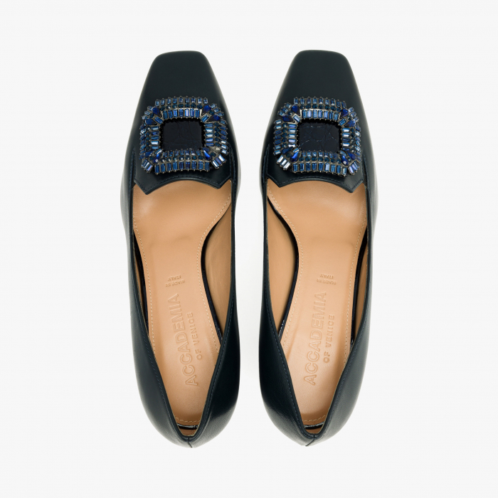 Pantofi Dama Eleganti din Piele, Bleumarin, Toc Gros de 5cm, Accesoriu din Cristale, Accademia 3673 [3]