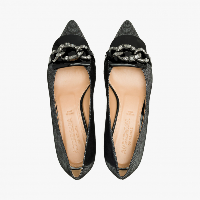 Pantofi Dama Eleganti, Negru-Argintiu, Nabuc Ștanțat, Toc Gros 2.5 cm, Accesoriu Zale Cristale, Accademia 3655 [3]