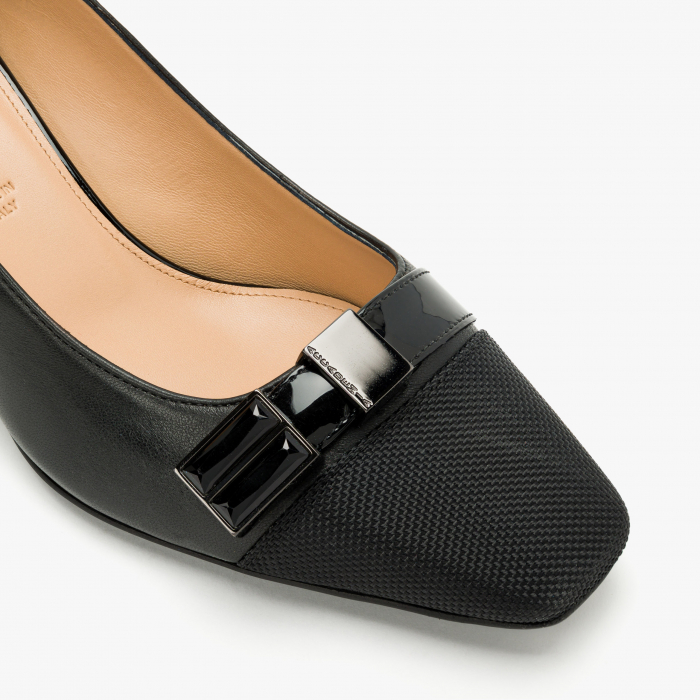 Pantofi Dama Eleganți, Negru, Piele Naturală + Rips, Toc Gros 5 cm, Varf Pătrat, Accademia 3653 [4]