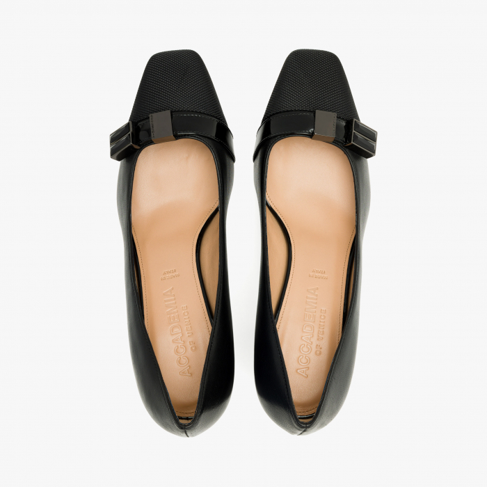 Pantofi Dama Eleganți, Negru, Piele Naturală + Rips, Toc Gros 5 cm, Varf Pătrat, Accademia 3653 [3]