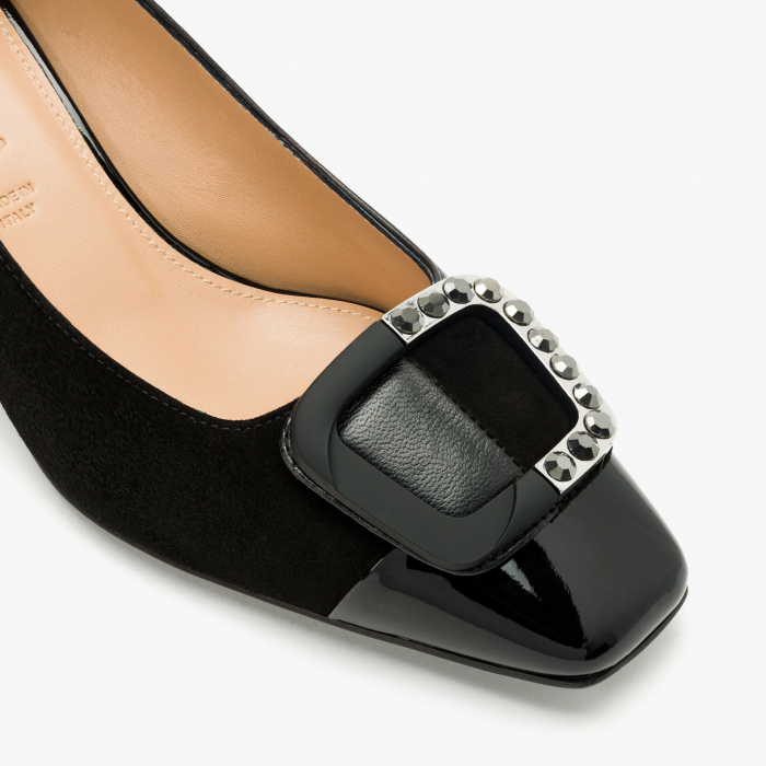Pantofi Dama Eleganti, Negru, Finisaj Piele Intoarsă și Lac, Toc Gros 5 cm, Accesoriu cu Cristale, Accademia 3672 [4]