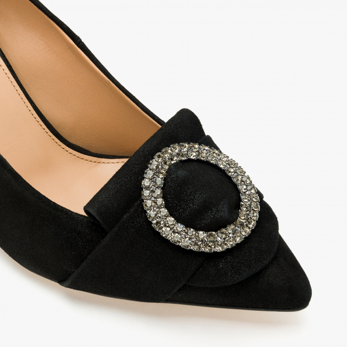 Pantofi Dama Eleganti, Negru, Nabuc, Toc Subțire 8 cm, Accesoriu Cristale Swarovski, Accademia 3677 [4]