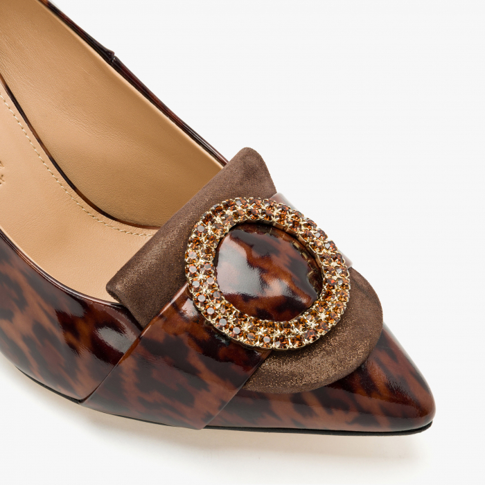 Pantofi Dama Eleganti, Maro-Leopard, Finisaj din Lac, Accesoriu Cristale Swarovski, Toc Subțire 8 cm, Accademia 3677 [4]