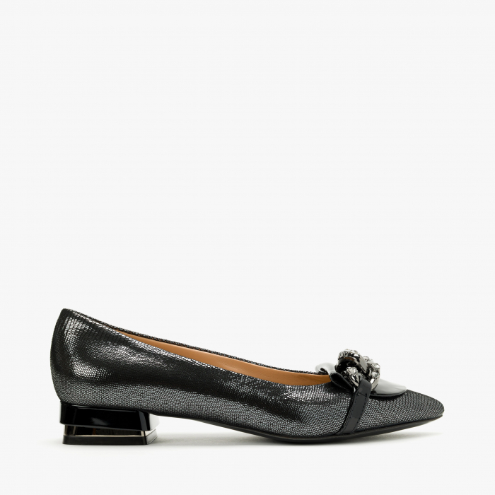 Pantofi Dama Eleganti, Negru-Argintiu, Nabuc Ștanțat, Toc Gros 2.5 cm, Accesoriu Zale Cristale, Accademia 3655 [2]