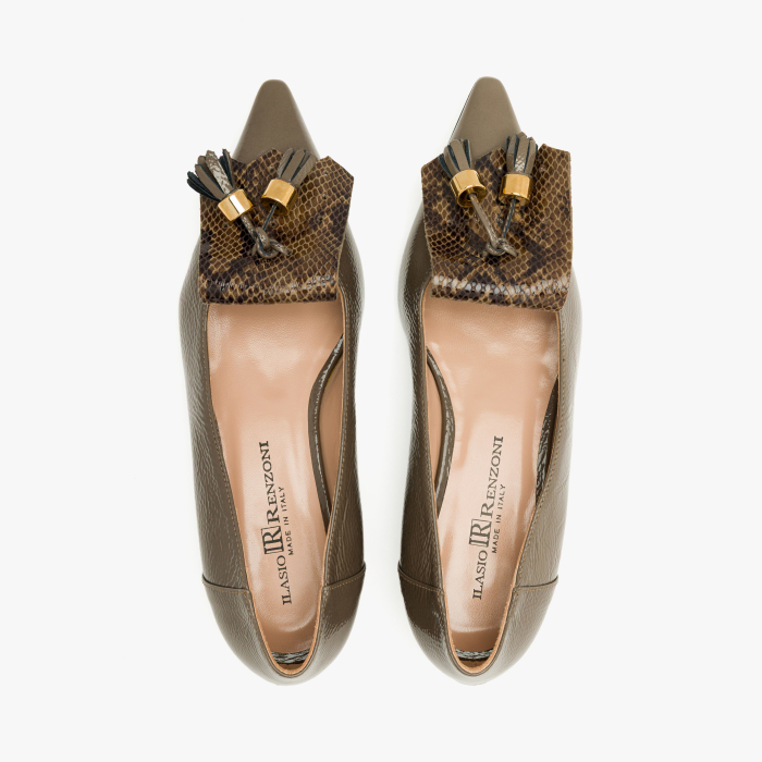 Pantofi Dama Eleganti, Piele Naturala Lacuita Bej, Imprimeu Piton, Ciucuri Decorativi si Toc Jos 2 cm, Renzoni 8685 [3]