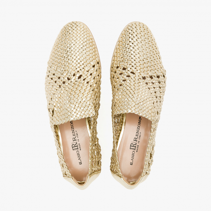 Pantofi Dama Casual din Piele Impletita, Culoare Aurie, Toc Comod de 1 cm, Sezon Primavara-Vara, Renzoni 5348 [3]
