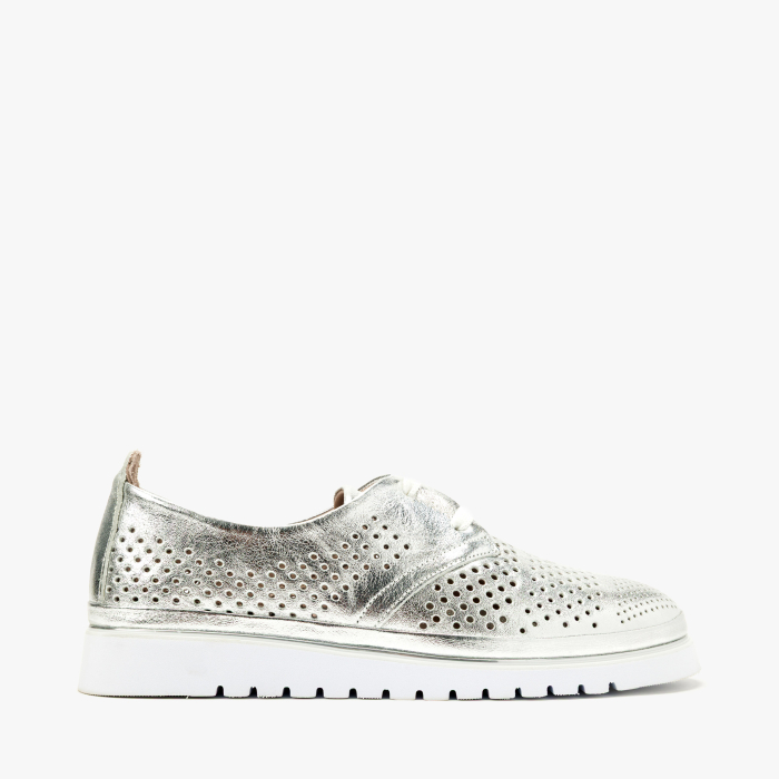 Pantofi Dama Casual din Piele Perforata Sidefata, Culoare Argintiu, Sireturi, Talpa Usoara 3 cm, LAB Milano by Renzoni 0860140 [2]