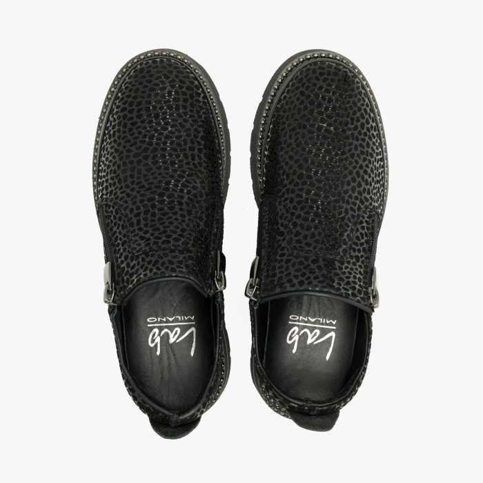 Pantofi Damă Casual din Piele Ștanțată, Negru, Fermoar Lateral și Talpă Comodă, Animal Print Lucios, LAB Milano by Renzoni 0452617 [3]