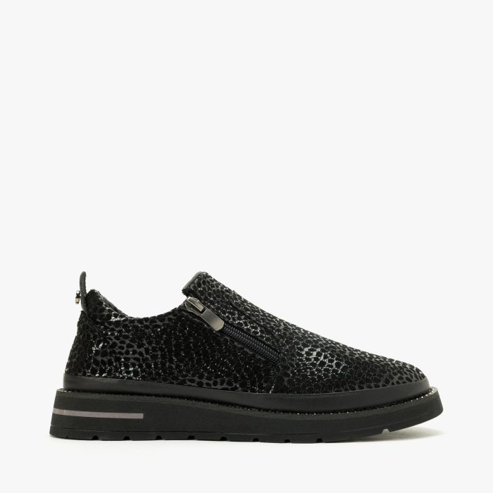 Pantofi Damă Casual din Piele Ștanțată, Negru, Fermoar Lateral și Talpă Comodă, Animal Print Lucios, LAB Milano by Renzoni 0452617 [2]
