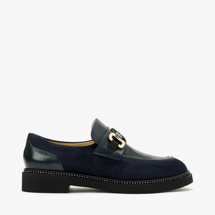 Pantofi Damă Casual/Elegant, Bleumarin, Piele Intoarsă, Accesoriu Auriu, Varf Clasic, Toc Comod, Accademia 3743 [2]