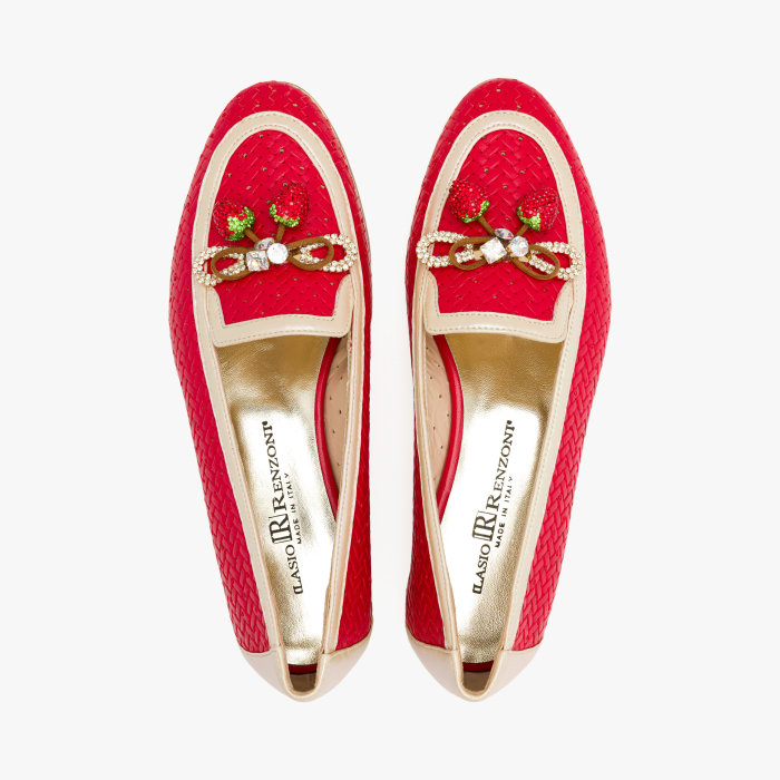 Pantofi Dama Casual Eleganti, Culoare Rosie, Piele Naturala Perforata, Aplicatie Fructe cu Cristale si Fundita Decorativa, Renzoni 5814 [3]