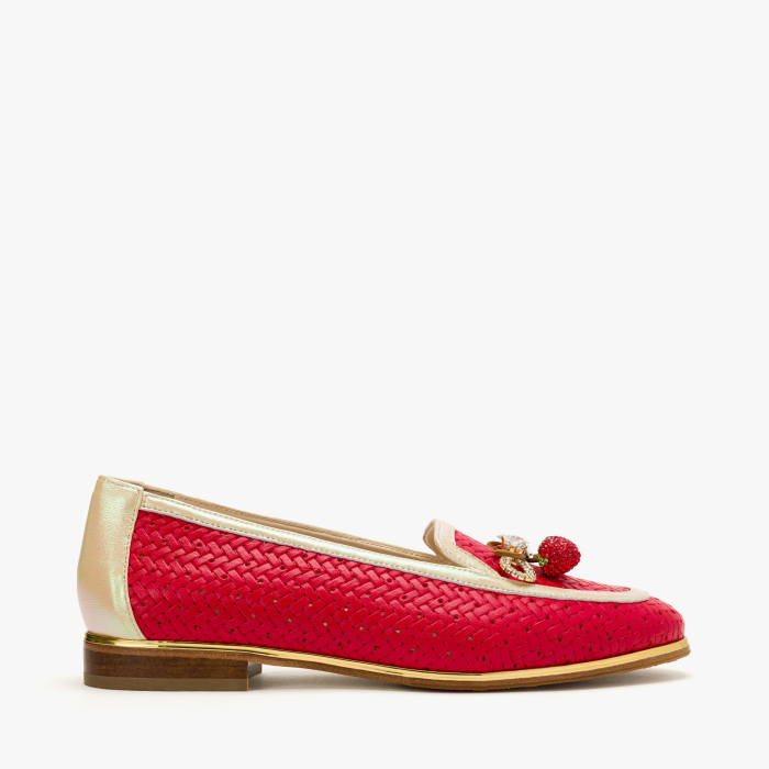 Pantofi Dama Casual Eleganti, Culoare Rosie, Piele Naturala Perforata, Aplicatie Fructe cu Cristale si Fundita Decorativa, Renzoni 5814 [2]