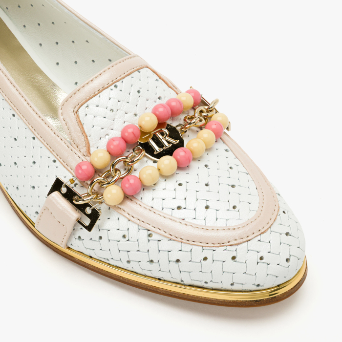 Pantofi Dama Casual Eleganti, Piele Naturala Alba Perforata si Impletita, Margele Multicolore, Talpa Joasa 1 cm, Renzoni 5814 [4]
