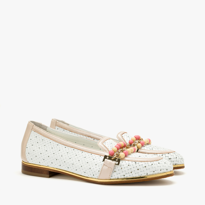 Pantofi Dama Casual Eleganti, Piele Naturala Alba Perforata si Impletita, Margele Multicolore, Talpa Joasa 1 cm, Renzoni 5814 [1]