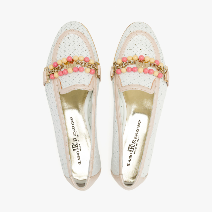 Pantofi Dama Casual Eleganti, Piele Naturala Alba Perforata si Impletita, Margele Multicolore, Talpa Joasa 1 cm, Renzoni 5814 [3]