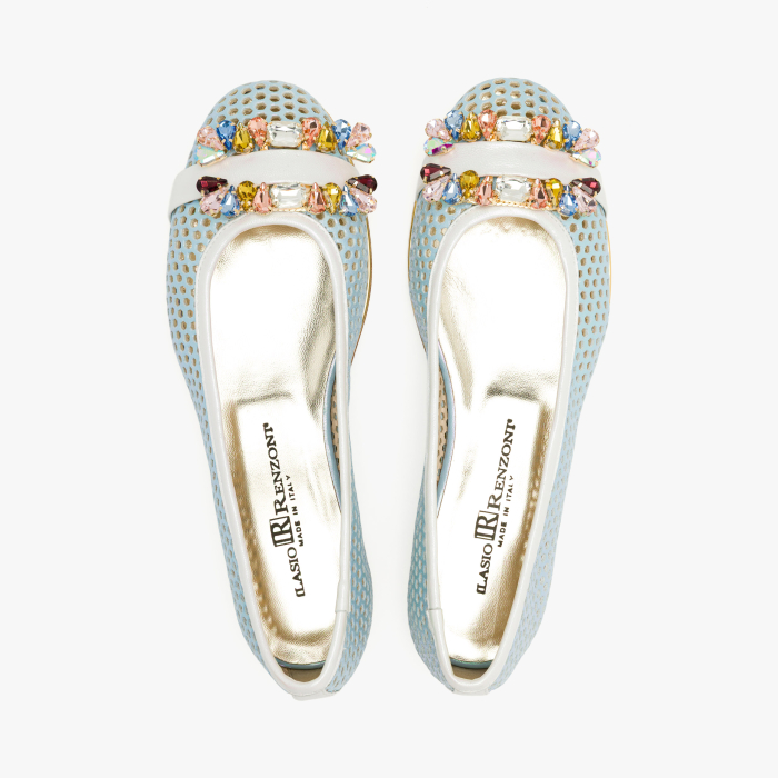 Pantofi Dama Casual/Eleganti, Piele Naturala Bleu Perforata, Slip-On cu Aplicatie Tip Bijuterie, Talpa Joasa Confortabila 1 cm, Renzoni 5830 [3]