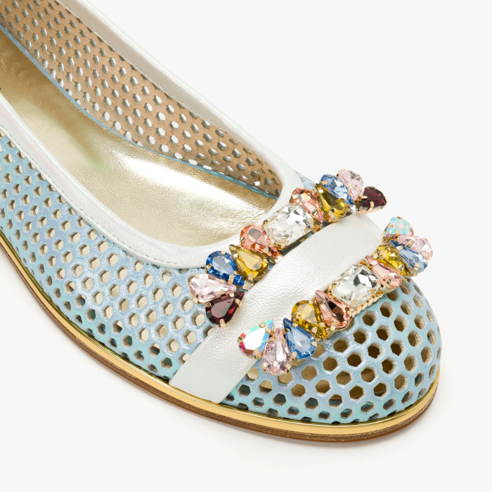 Pantofi Dama Casual/Eleganti, Piele Naturala Bleu Perforata, Slip-On cu Aplicatie Tip Bijuterie, Talpa Joasa Confortabila 1 cm, Renzoni 5830 [4]