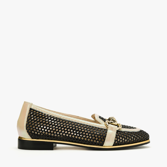 Pantofi Dama Casual / Eleganti, Piele Naturala Perforata, Negru, Accesoriu Tip Lant, Toc Comod 1 cm, Renzoni 5813 [2]