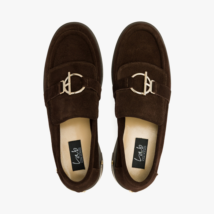 Pantofi Dama Casual, Piele Intoarsa Maro, Stil Mocasin, Accesoriu Auriu si Toc Gros de 3 cm, LAB Milano by Renzoni, 9820 [3]