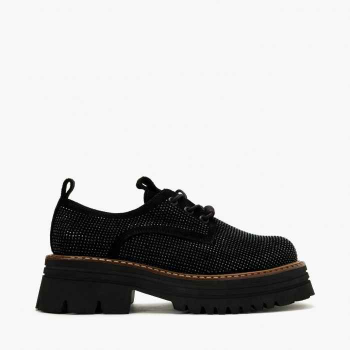 Pantofi Dama Casual Negru, Piele Întoarsă cu Cristale și Talpă de 3 cm, LAB Milano by Renzoni 06304090 [2]
