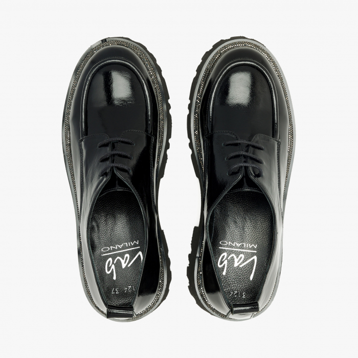Pantofi Damă Casual, Negru, Piele Lăcuită, Bordură din Cristale, Toc Comod, LAB Milano by Renzoni 3124 [3]