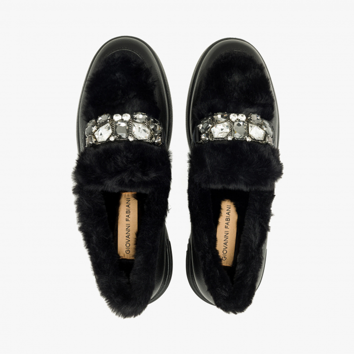 Pantofi Dama Casual, Negru, Talpă Comodă 2 cm, Ornament cu Cristale, Piele cu Blana, Giovanni Fabiani 24440 [3]