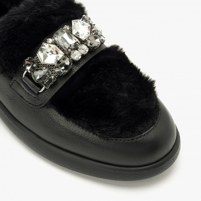 Pantofi Dama Casual, Negru, Talpă Comodă 2 cm, Ornament cu Cristale, Piele cu Blana, Giovanni Fabiani 24440 [4]