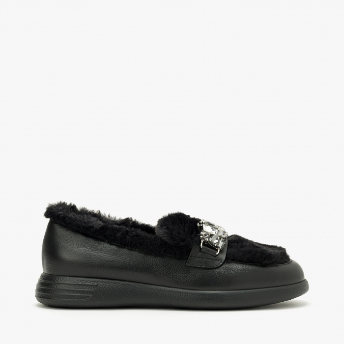 Pantofi Dama Casual, Negru, Talpă Comodă 2 cm, Ornament cu Cristale, Piele cu Blana, Giovanni Fabiani 24440 [2]