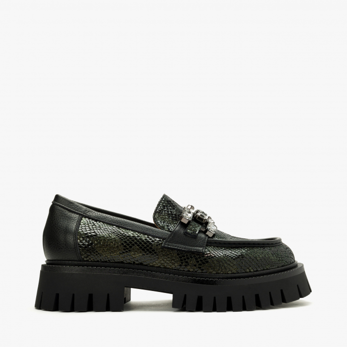 Pantofi Dama Casual, Verde, Piele Stantata, Accesoriu Cristale, Toc 4 cm, Talpa de Cauciuc de 3cm, Renzoni 5529 [2]