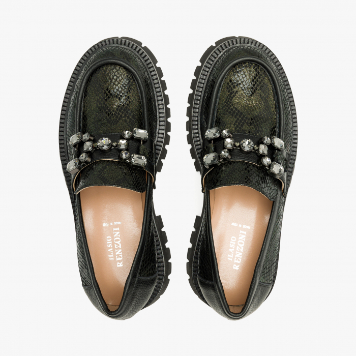 Pantofi Dama Casual, Verde, Piele Stantata, Accesoriu Cristale, Toc 4 cm, Talpa de Cauciuc de 3cm, Renzoni 5529 [3]
