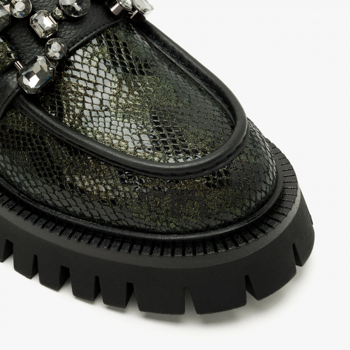 Pantofi Dama Casual, Verde, Piele Stantata, Accesoriu Cristale, Toc 4 cm, Talpa de Cauciuc de 3cm, Renzoni 5529 [4]