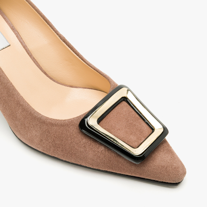 Pantofi Dama Eleganti din Piele Intoarsa Bej Catifelat, Accesoriu Geometric Bicolor, Toc Subțire 6 cm, Renzoni 50851 [4]