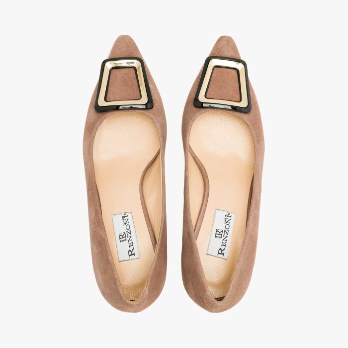 Pantofi Dama Eleganti din Piele Intoarsa Bej Catifelat, Accesoriu Geometric Bicolor, Toc Subțire 6 cm, Renzoni 50851 [3]