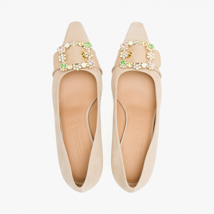 Pantofi Dama Eleganti Bej, Toc Comod 5 cm, Piele Intoarsa, Accesoriu Cataramă cu Cristale, Accademia 3703/2024 [3]