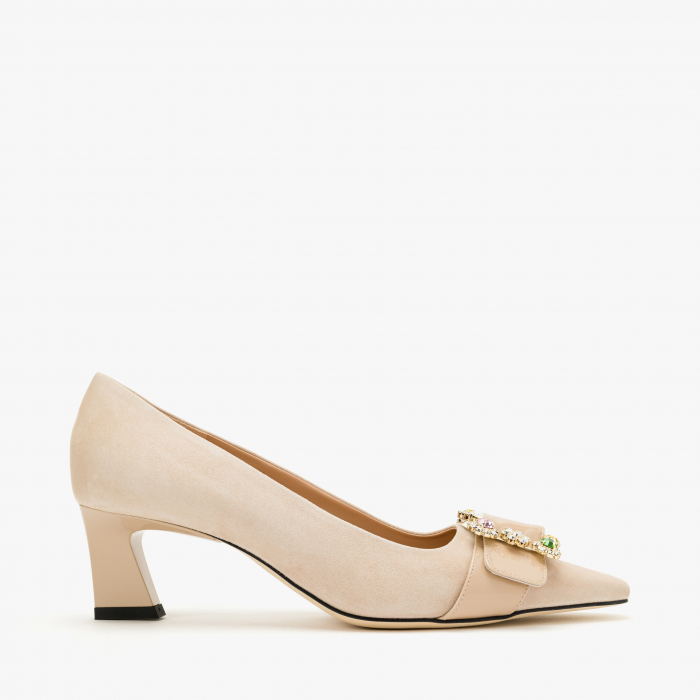 Pantofi Dama Eleganti Bej, Toc Comod 5 cm, Piele Intoarsa, Accesoriu Cataramă cu Cristale, Accademia 3703/2024 [2]