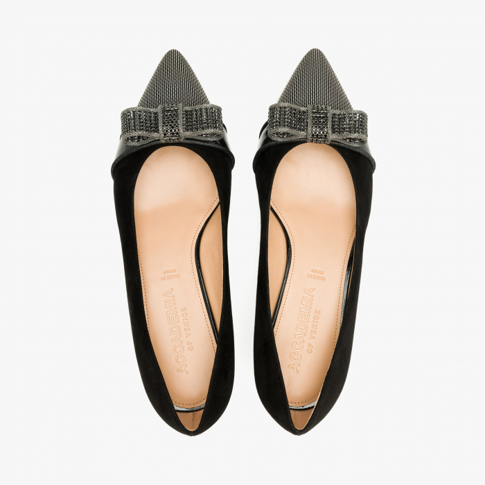 Pantofi Damă Eleganți, Culoare Neagra, Piele Întoarsă, Ornament Argintiu, Funda cu Cristale, Accademia 3725 [3]