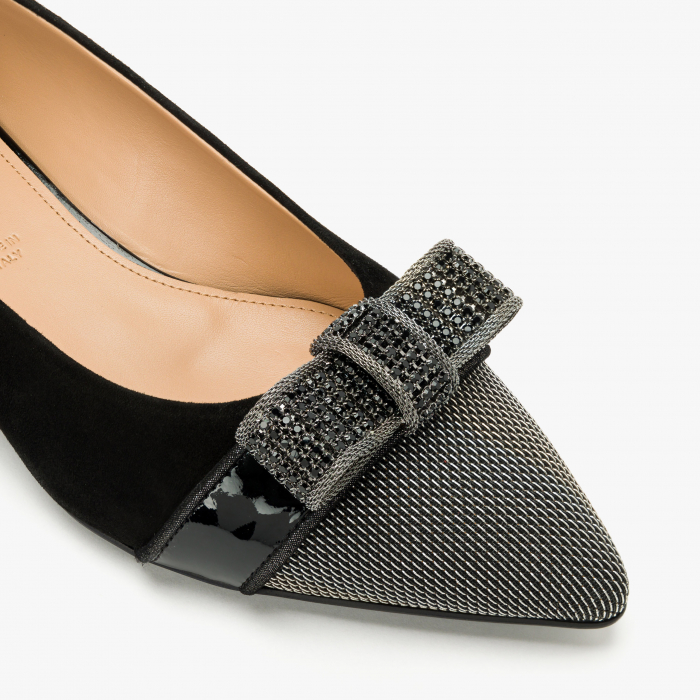 Pantofi Damă Eleganți, Culoare Neagra, Piele Întoarsă, Ornament Argintiu, Funda cu Cristale, Accademia 3725 [4]