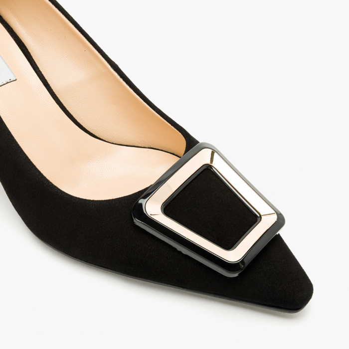 Pantofi Dama Eleganti, Piele Intoarsa Neagra, Accesoriu Geometric Bicolor, Decolteu Forma U, Toc 6 Cm, Renzoni 50851 [4]