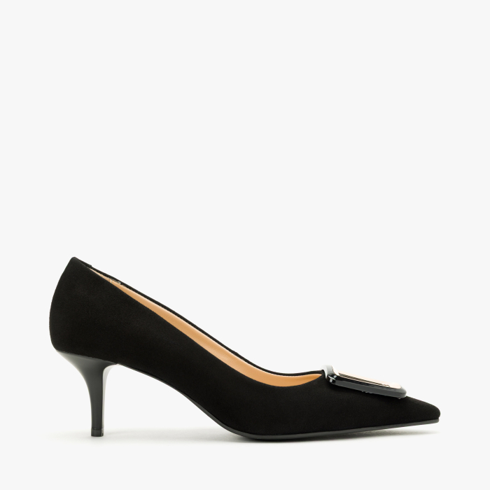 Pantofi Dama Eleganti, Piele Intoarsa Neagra, Accesoriu Geometric Bicolor, Decolteu Forma U, Toc 6 Cm, Renzoni 50851 [2]